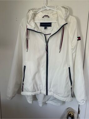 Tommy Hilfiger White Hooded Utility Windbreaker with Ribbon Trim